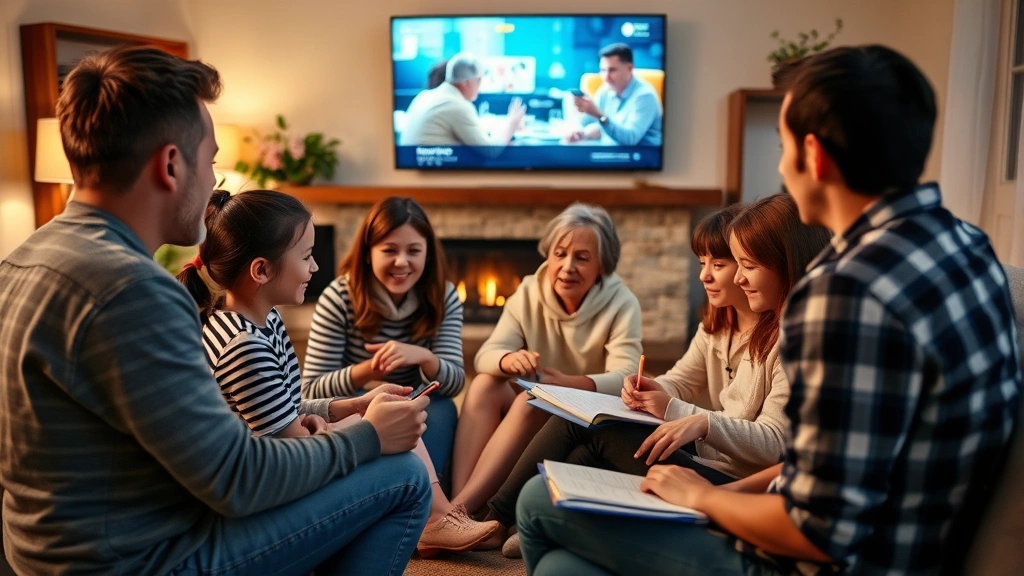 Group of family members of different ages sitting together watching video content on large screen, appearing engaged and taking notes together, comfortable living room setting with warm ambiance