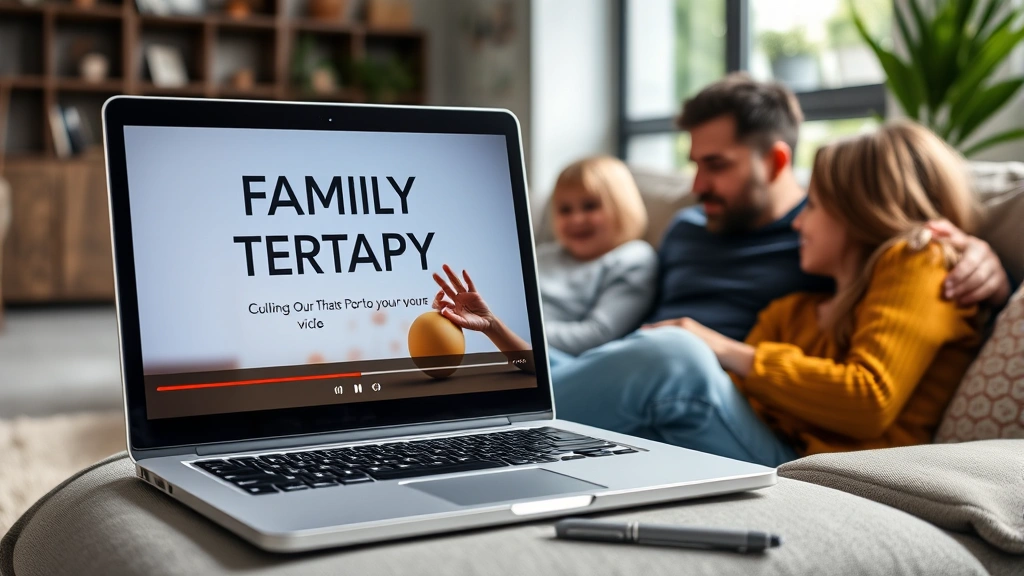 Laptop screen displaying family therapy video content with play button visible, notebook and pen nearby, family members watching together on couch, modern apartment background, natural daylight