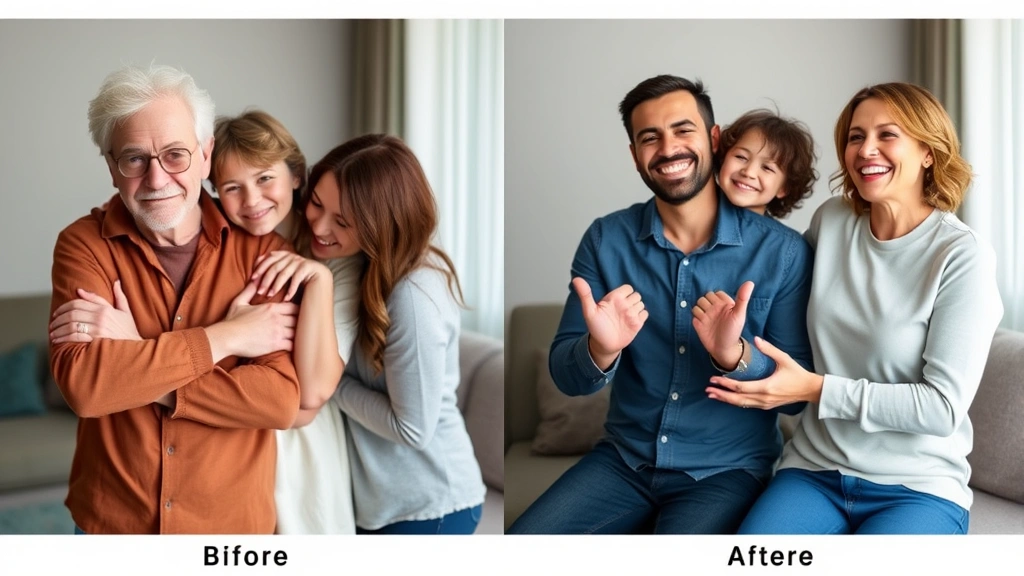 Split-screen showing before and after family dynamics: left side tense with crossed arms and distance, right side relaxed with open body language and genuine smiling, illustrating transformation and improved connection