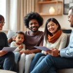 Professional diverse family sitting together in comfortable modern therapy office with warm lighting, therapist taking notes, genuine connection visible between family members, calm supportive atmosphere