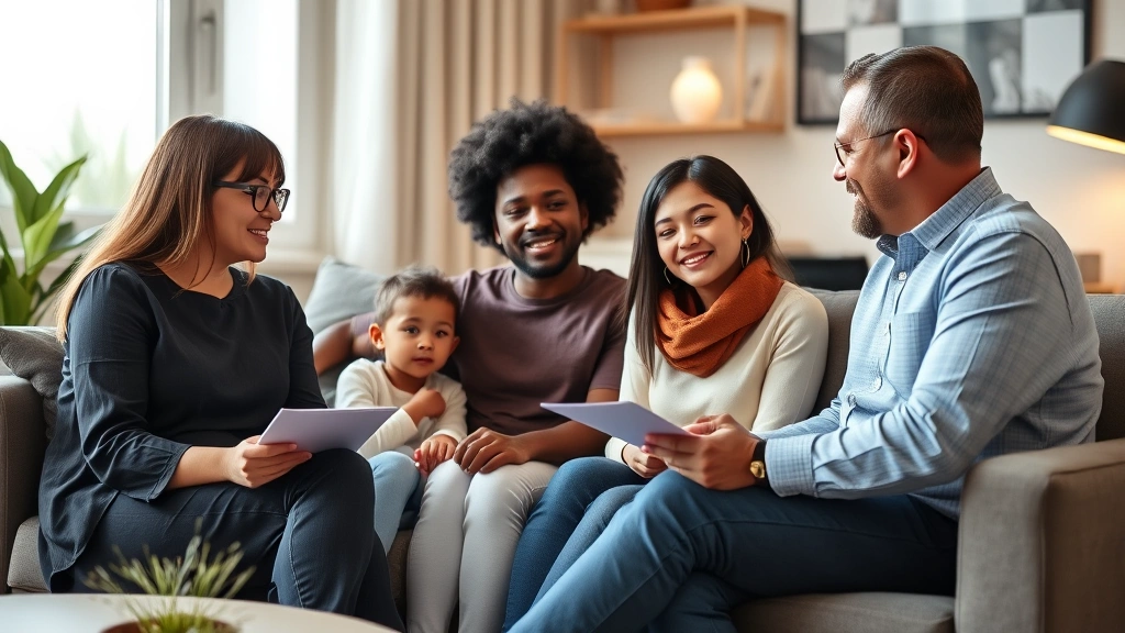 Professional diverse family sitting together in comfortable modern therapy office with warm lighting, therapist taking notes, genuine connection visible between family members, calm supportive atmosphere