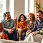 Diverse multigenerational family sitting together in warm, modern living room, smiling and engaged in conversation, natural lighting through windows, comfortable furniture arrangement, realistic photography style, no text visible