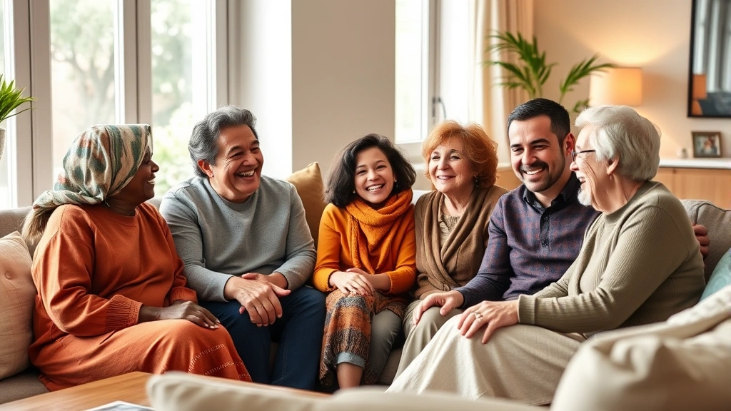 Diverse multigenerational family sitting together in warm, modern living room, smiling and engaged in conversation, natural lighting through windows, comfortable furniture arrangement, realistic photography style, no text visible