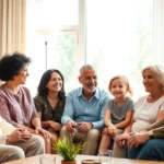 Diverse multigenerational family sitting together in warm, modern living room having meaningful conversation, natural lighting, genuine connection visible in body language and expressions