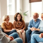 Diverse multigenerational family sitting in comfortable therapy office, engaging in supportive conversation with warmth and genuine connection visible on their faces, natural lighting from windows, contemporary minimalist interior design