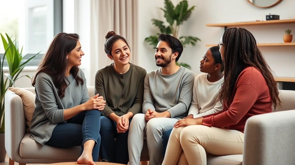 Professional female therapist with diverse family of four sitting together in modern therapy office with warm lighting, comfortable seating, and calming neutral colors, genuine conversation happening