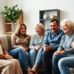A diverse multigenerational family sitting together in a comfortable living room, having a genuine conversation with open body language and warm expressions, natural lighting from windows, professional photography style, no text visible