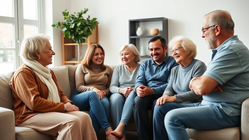 A diverse multigenerational family sitting together in a comfortable living room, having a genuine conversation with open body language and warm expressions, natural lighting from windows, professional photography style, no text visible