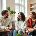 A diverse multigenerational family sitting together in a modern living room during a warm conversation, showing genuine connection and active listening, soft natural lighting from windows, candid moment of emotional openness