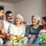 Diverse multigenerational family sitting together in a modern, warm living room having a supportive conversation, natural lighting, genuine emotional connection visible, comfortable and safe environment