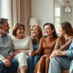 Diverse multigenerational family sitting together in a modern, warm living room having a calm conversation, natural lighting, close emotional connection visible in body language, photorealistic