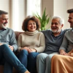 A diverse multigenerational family sitting together on a couch in a warm, modern living room, all smiling and engaged in conversation, natural lighting from windows, warm earth tones, photorealistic, no text or screens visible