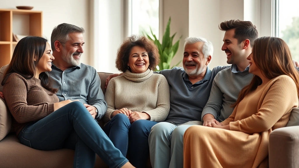 A diverse multigenerational family sitting together on a couch in a warm, modern living room, all smiling and engaged in conversation, natural lighting from windows, warm earth tones, photorealistic, no text or screens visible