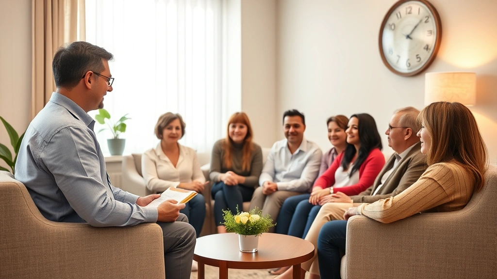 Professional family therapist conducting session with multi-generational family in warm, modern office setting with comfortable seating, neutral wall colors, natural lighting, diverse family members engaged in conversation, realistic clinical environment