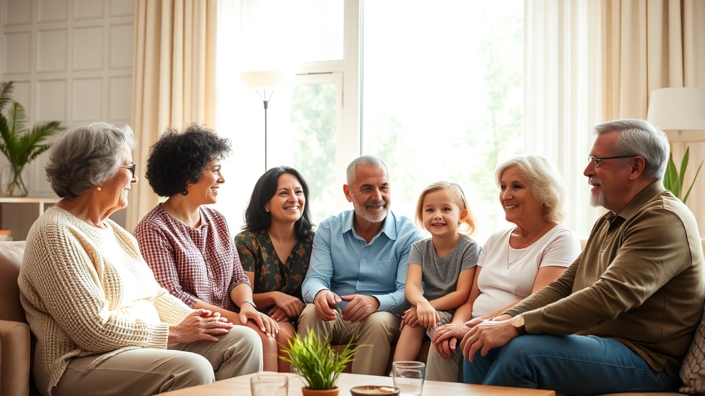 Diverse multigenerational family sitting together in warm, modern living room having meaningful conversation, natural lighting, genuine connection visible in body language and expressions