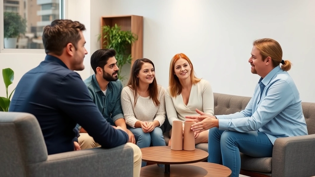 Licensed therapist facilitating family discussion in modern counseling room, family members making eye contact and leaning toward each other, showing active listening and emotional openness, professional yet comfortable setting