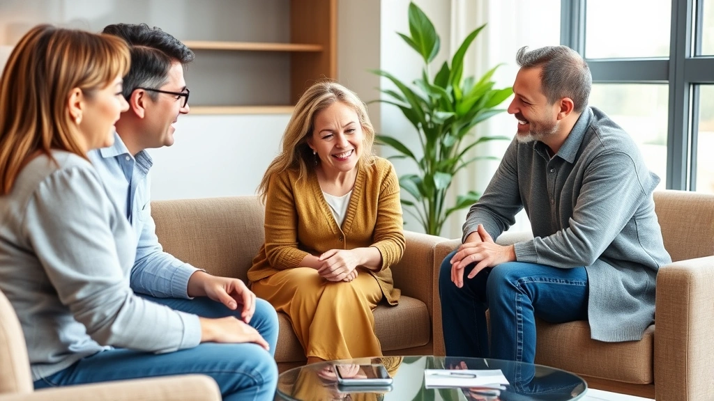 Multi-generational family members engaged in positive interaction during therapy session, showing active listening and emotional connection, contemporary office setting with natural light
