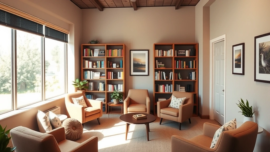 A licensed therapist's office with comfortable seating arranged in a circle, warm neutral tones, bookshelves with professional resources, calm and welcoming environment, natural daylight, no visible signage or text
