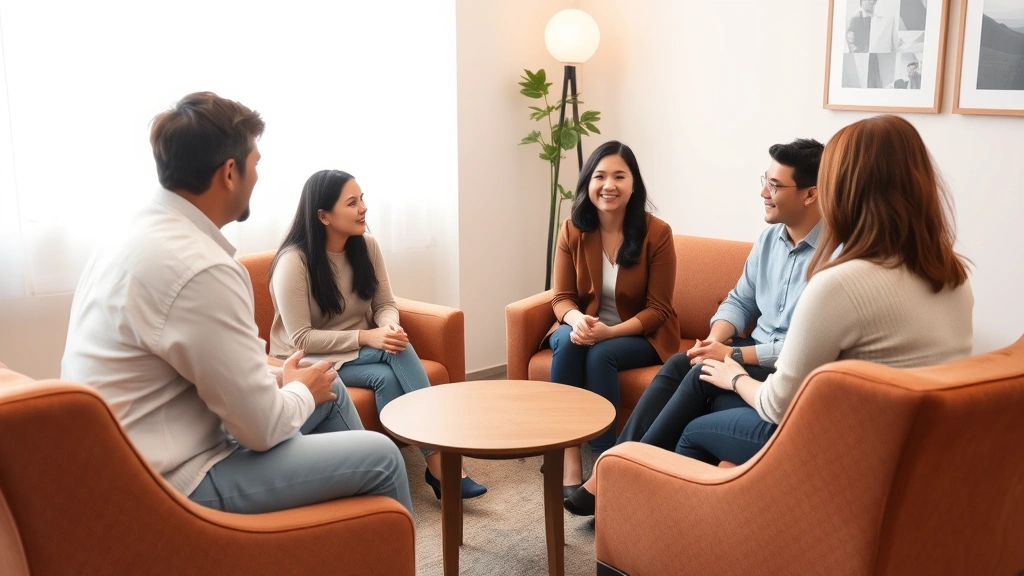 A licensed family therapist facilitating a discussion between parents and teenage children in a calm, professional office setting with comfortable seating arranged in a circle, neutral warm tones, professional yet welcoming atmosphere