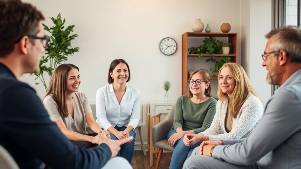Professional female therapist facilitating a family session in a modern office, diverse family members engaged in dialogue, warm neutral tones, professional yet welcoming atmosphere, focused listening
