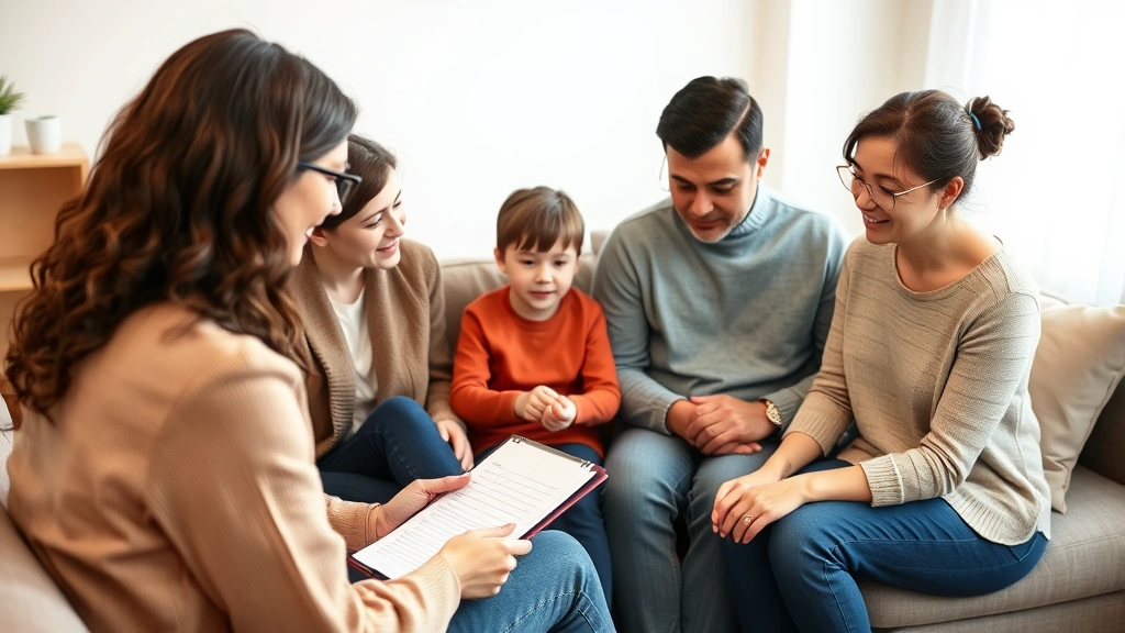 Professional female therapist taking notes during a family session with parents and teenage child sitting on comfortable couch, neutral office setting, warm and supportive atmosphere, photorealistic