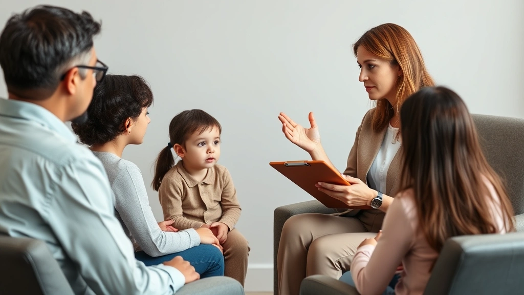 A professional female therapist with a clipboard and notepad gesturing thoughtfully during a session, sitting in a comfortable office chair across from a family, calm neutral background, soft professional lighting, photorealistic, no charts or documents visible