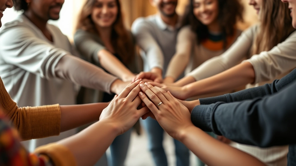 Close-up of diverse family members holding hands in circle during therapy session, showing emotional connection and trust, warm indoor lighting, focused on hands and upper bodies, therapeutic environment with soft background
