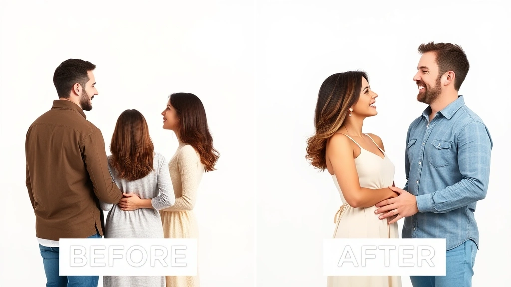 Before-and-after visual representation: left side shows family members facing away from each other looking distant, right side shows them facing together with open body language and smiling