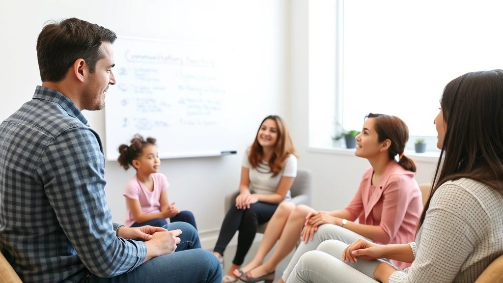 Licensed therapist facilitating family session in bright clinical office, family members making eye contact with each other, whiteboard with communication strategies visible, collaborative problem-solving in progress