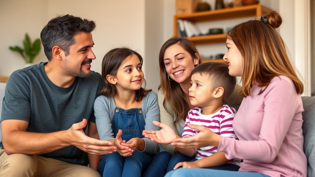 Family members of different ages making eye contact and listening to each other with open body language during conversation in home setting, genuine emotional connection visible, warm lighting, no visible text or labels
