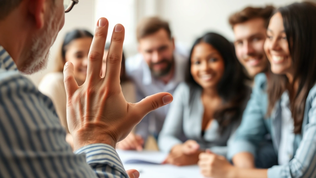 Close-up of therapist's hand gesturing supportively during family discussion, warm professional environment, diverse family members visible in soft focus background showing engaged expressions