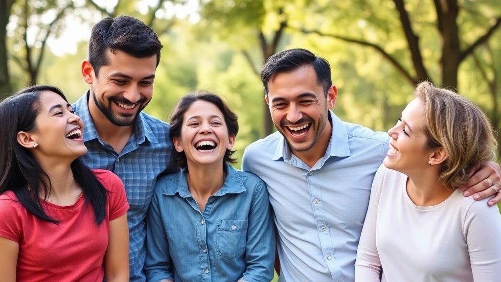 A family of four laughing together outdoors in a park setting, showing positive connection and joy, natural candid moment, professional quality photography, clear faces visible, no text or identifying information