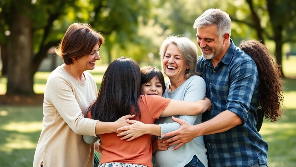 A family group hugging outdoors in a park setting after resolving conflict, showing relief and renewed connection, natural sunlight, genuine smiles and body language indicating strengthened bonds and emotional healing