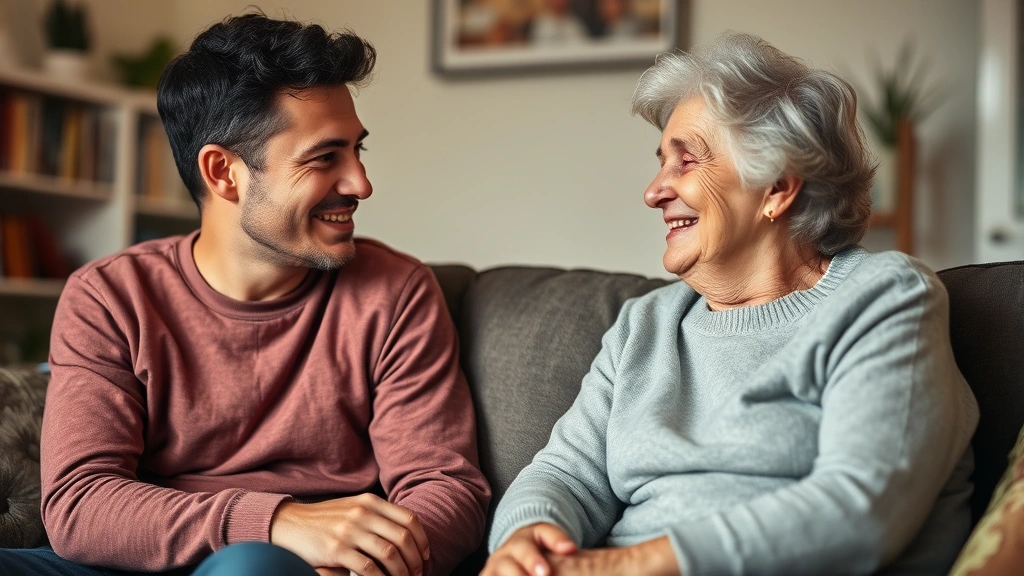 Adult child and aging parent having a meaningful conversation in a comfortable home setting, warm lighting, emotional connection, representing life transitions and family relationships across generations