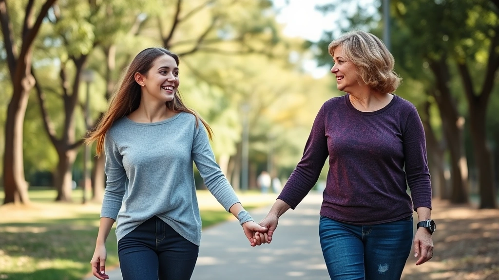 A teenage girl and her mother holding hands and laughing together while walking through a park with trees and natural scenery, genuine connection and warmth, outdoor natural lighting, photorealistic, no signage or text visible