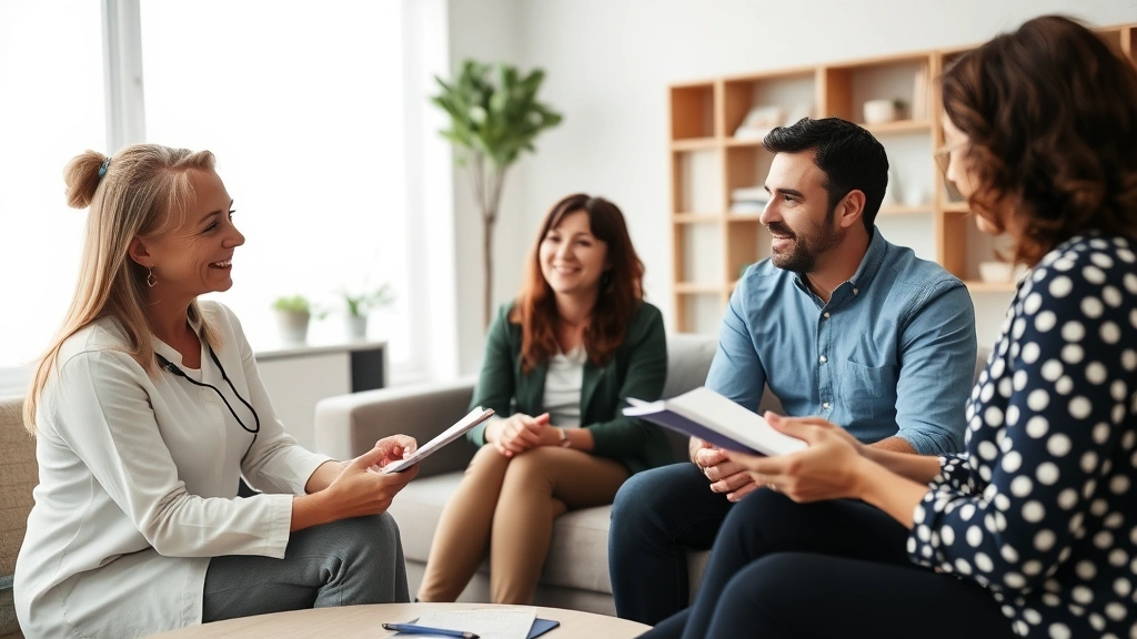 Therapist taking notes while family members communicate openly, showing active listening and professional guidance, modern office setting with therapy tools visible, realistic clinical scene, diverse participants, genuine interaction moment