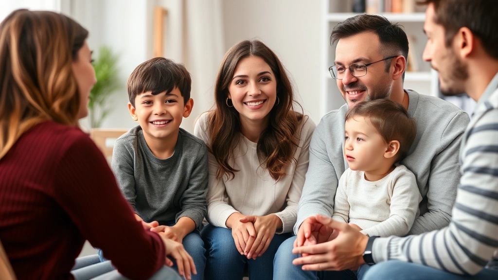 Family members of different ages engaged in discussion with visible emotional openness, supportive gestures, and improved communication dynamics in a counseling setting
