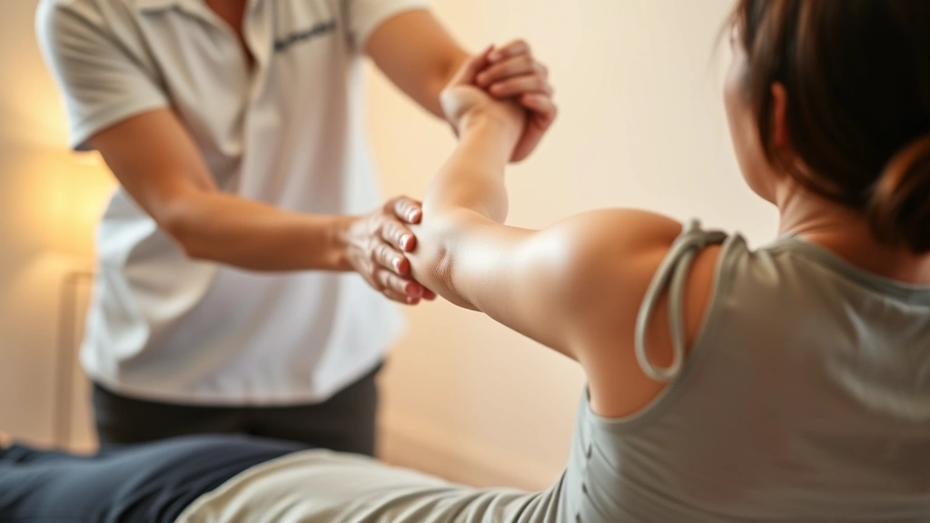 Person receiving fascial stretch therapy from professional practitioner in calm clinical setting, therapist guiding client's arm in assisted stretch, warm lighting, serene environment with minimal background details, close-up of hands and upper body positioning