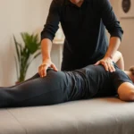 Professional fascial stretch therapy session with practitioner guiding client through stretching position, hands-on manual therapy technique, clinical wellness setting with soft lighting
