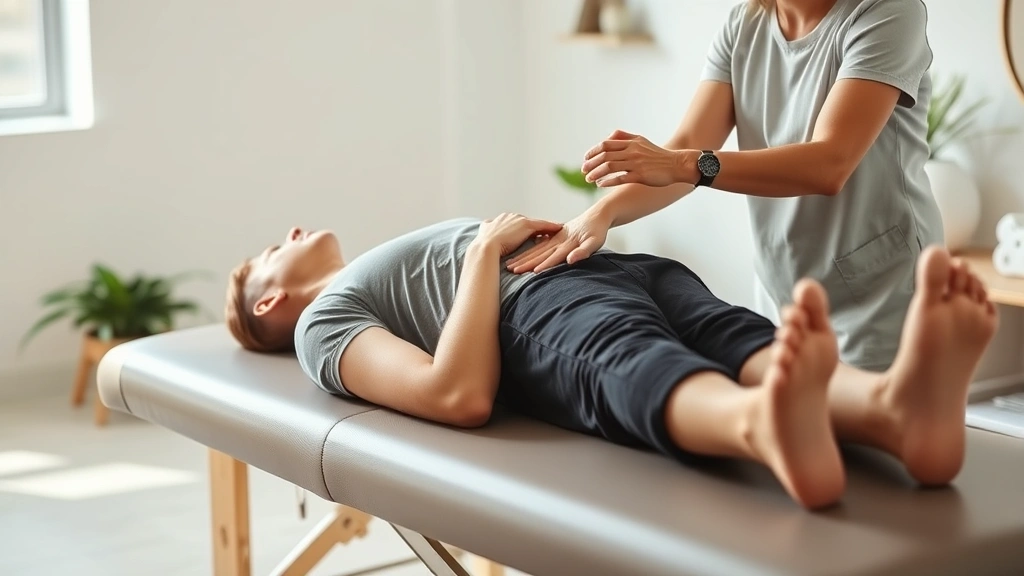 Professional fascial stretch therapy session showing therapist performing assisted stretching on client lying on treatment table in clinical wellness environment, hands-on technique demonstration, photorealistic, natural lighting