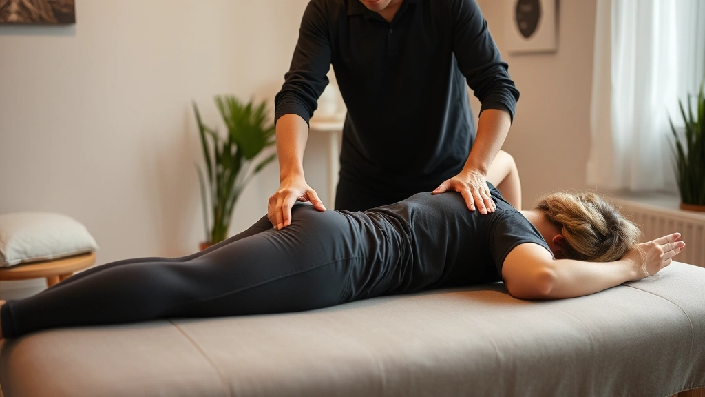 Professional fascial stretch therapy session with practitioner guiding client through stretching position, hands-on manual therapy technique, clinical wellness setting with soft lighting