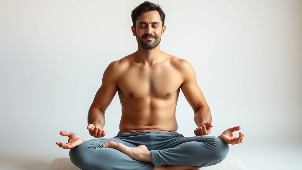 Individual sitting in meditation posture with visible body awareness, peaceful facial expression, hands resting on legs, soft natural lighting, showing relaxed yet alert posture demonstrating mindfulness state, neutral background