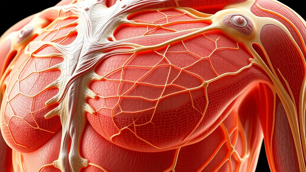 Close-up of human fascia tissue structure displayed in anatomical detail, showing the interconnected connective tissue network in photorealistic medical illustration style