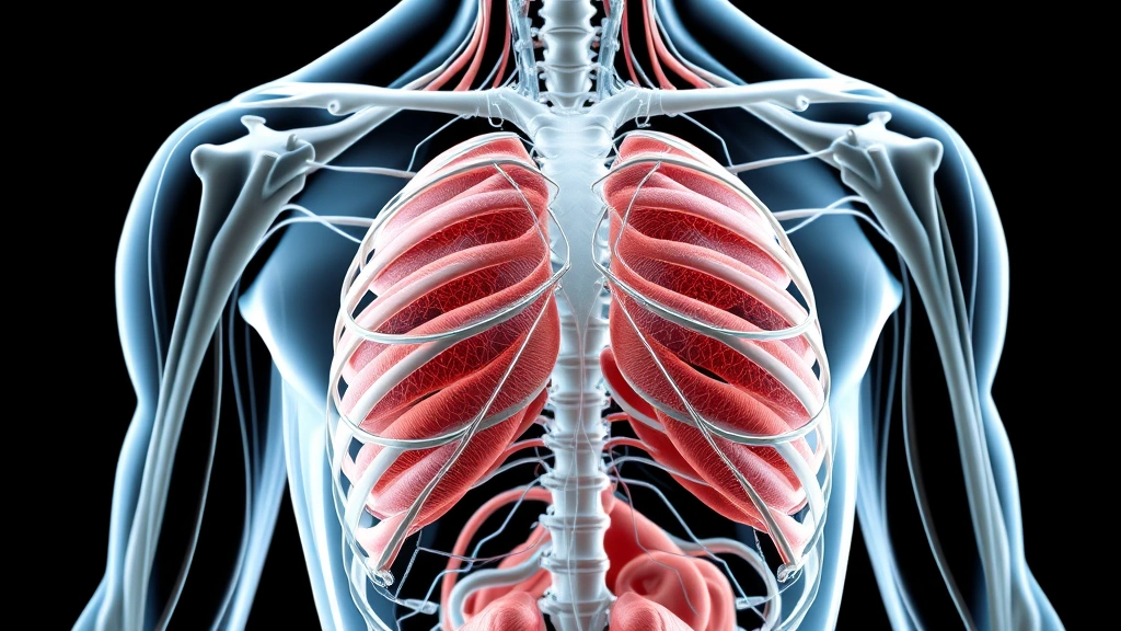 Close-up anatomical visualization of fascia network throughout human body, showing interconnected white connective tissue layers surrounding muscles and organs, scientific medical illustration style, transparent body view