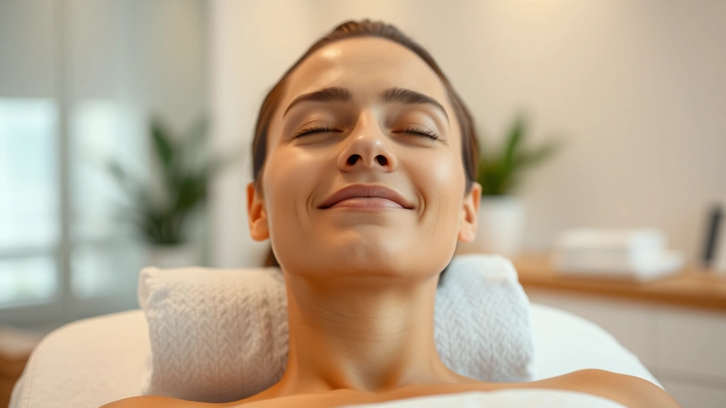 Calm serene individual in peaceful relaxed state after therapeutic treatment, showing relief and tranquility on face, sitting in modern wellness center, soft ambient lighting, mindful peaceful expression