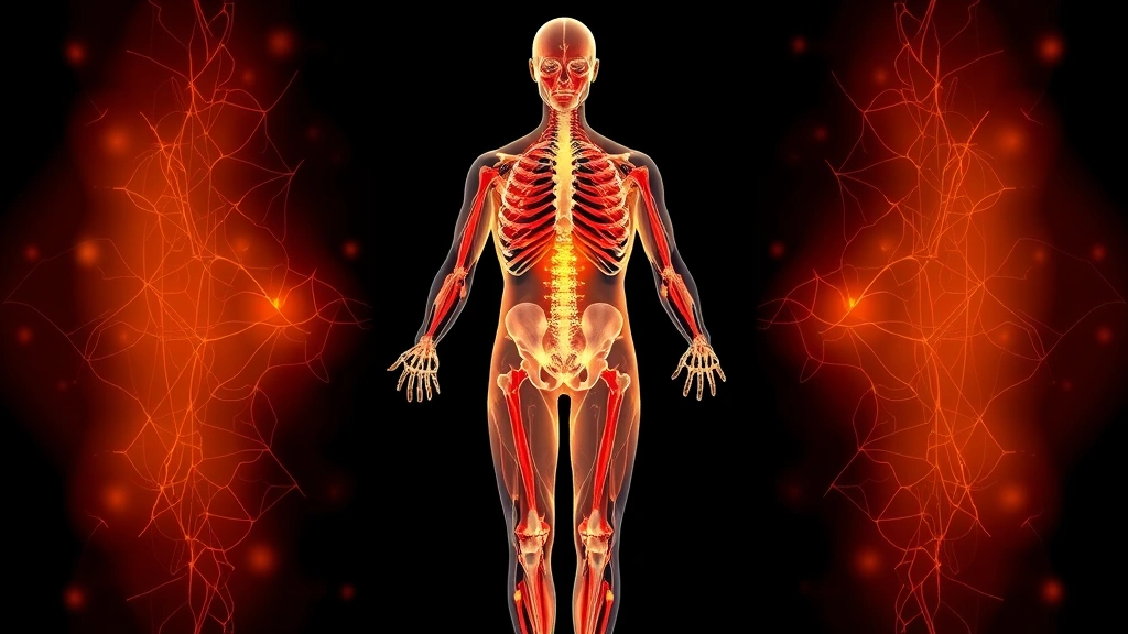 Anatomical visualization of human fascia system illustrated in translucent layers throughout body, showing interconnected tissue networks, warm color palette with highlights showing areas of restriction and release, educational but aesthetically pleasing visualization