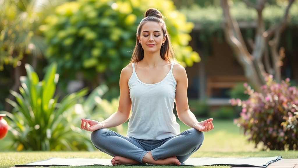 Person meditating in peaceful natural setting after therapy session, sitting cross-legged with calm expression, serene garden or nature background, embodying mental clarity and emotional peace