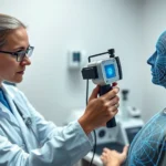 Professional healthcare practitioner using advanced biofield measurement equipment on patient's body, measuring electromagnetic patterns with specialized diagnostic device, clinical setting with modern equipment, soft lighting, focused assessment