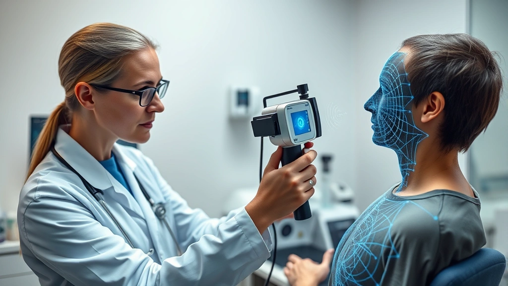 Professional healthcare practitioner using advanced biofield measurement equipment on patient's body, measuring electromagnetic patterns with specialized diagnostic device, clinical setting with modern equipment, soft lighting, focused assessment