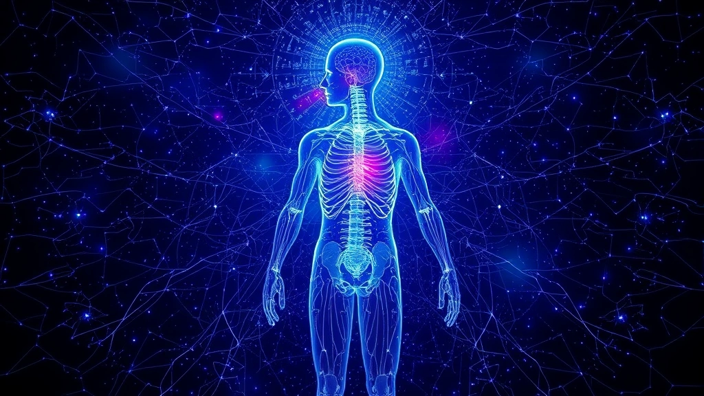 Detailed visualization of human biofield aura surrounding body, glowing electromagnetic energy patterns in blues and purples, anatomical accuracy, scientific illustration style showing coherent field patterns around silhouette